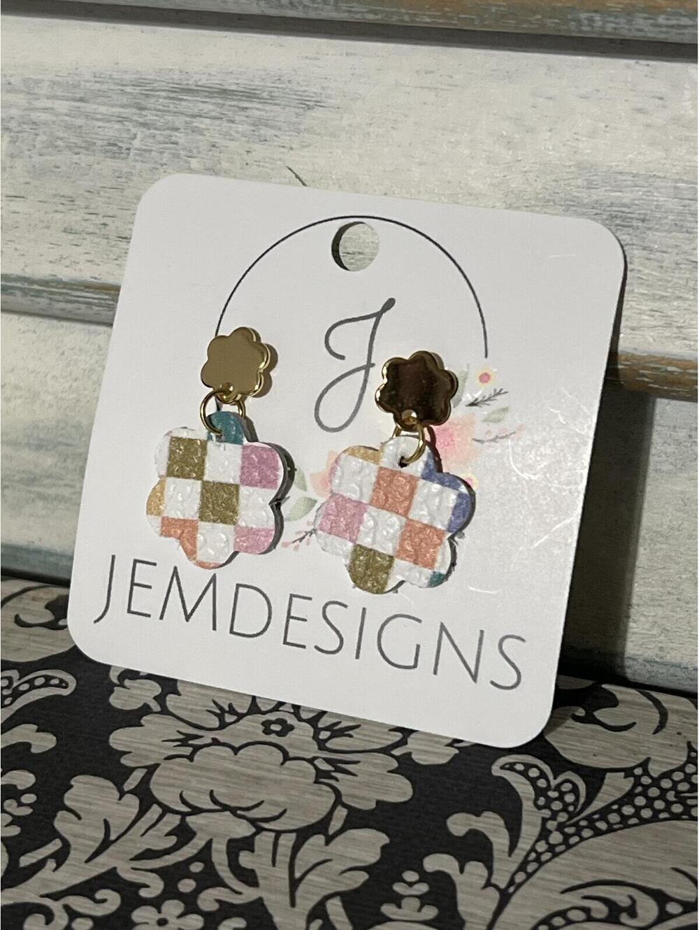 JEMDESIGNS Pastel Checkered Flower Drop Earrings